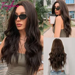 TINY LANA Long Dark Brown Wavy Middle Part Wigs For Black Women Cosplay Daily Synthetic Wig Natural Hair Heat Resistant