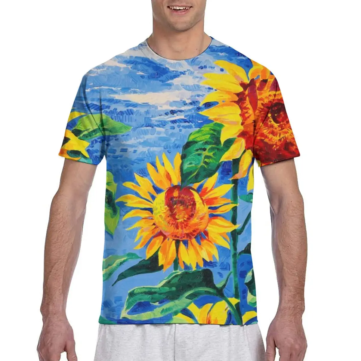 2020 Mens T shirts Fashion New Summer Men's Short Sleeve T-shirt Casual Oil Painting With Sunflowers Tshirt For Man Full Printed | Мужская