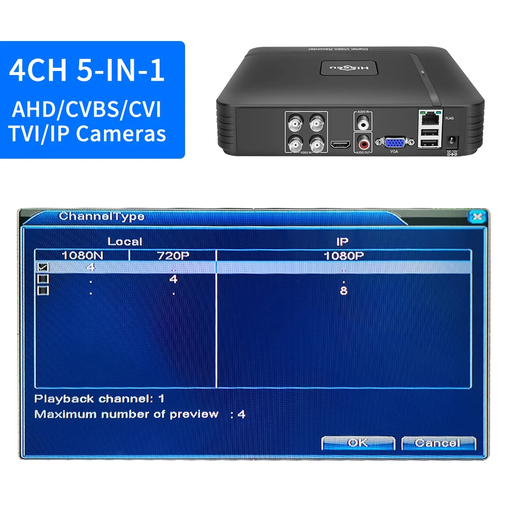 Hiseeu 5 in 1 CCTV Mini DVR TVI CVI AHD CVBS IP Camera Digital Video Recorder 4CH 8CH AHD DVR NVR CCTV System Support 2MP