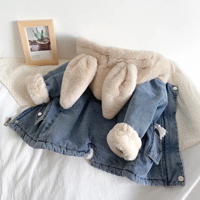 

Fashion Autumn Spring Winter Coat Baby Girls Kids Children's Warm Plus Velvet Thicken Hooded Top Princess Blue High Quality