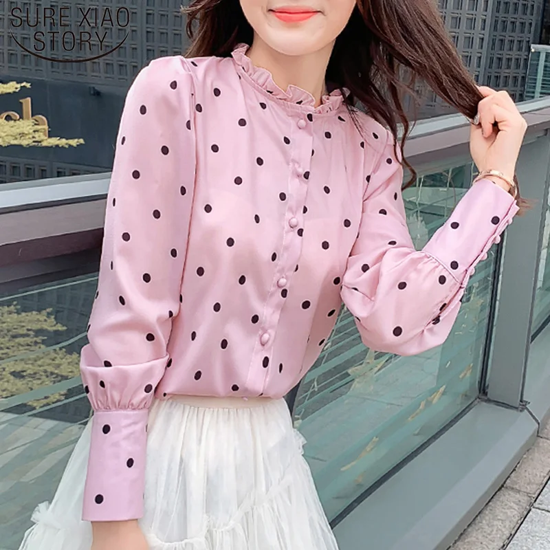 

New Fashion Autumn 2019 Wave Point Chiffon Women Shirts Casual Long Sleeve Ruffled Women Blouses Regular Slim Women Tops 6348 50