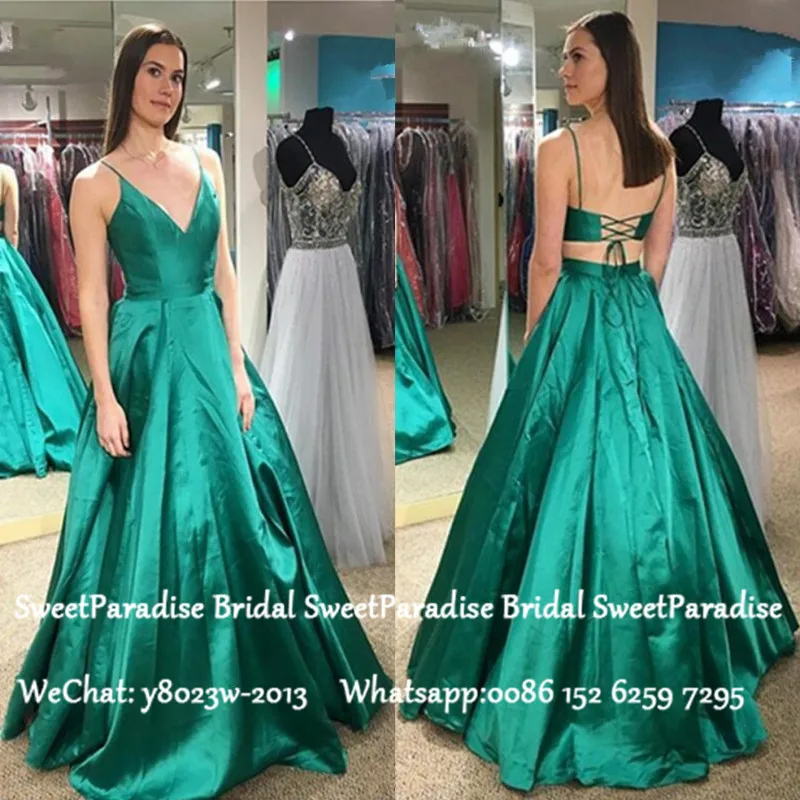

Green Satin Long Prom Dresses 2020 Vestido De Festa A Line Sexy Spaghetti Strap Corset Back Formal Evening Dress For Women