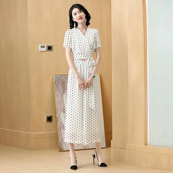 

Summer New Fashion High Quality Party Casual V-Neck Ribbon Top Loose Trousers Vintage Elegant Dot Print Chiffon Women'S Sets