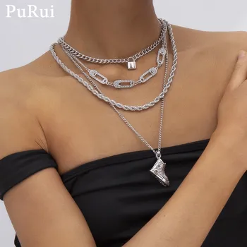 

PuRui Punk Choker Necklace Lock Shoe Metal Long Cuban Link Chain Pendant Necklace for Women Statement Collar Fashion Jewelry