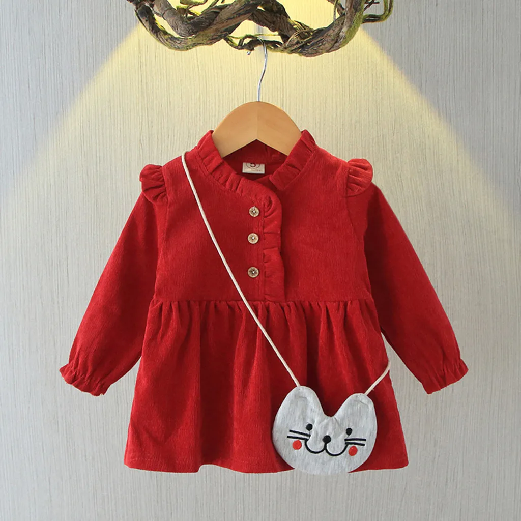 Платье для маленьких девочек vestido Infantil Menina فساتين اطفال осеннее модное платье с длинным рукавом, сплошной оборкой платье принцессы+ сумочка, Комплект одежды