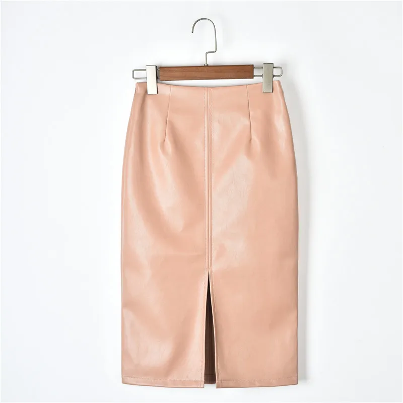 Розовый Women PU Leather Midi Skirt Autumn Winter Ladies Package Hip Front or Back Slit Pencil Skirt Plus Size - Цвет: Розовый