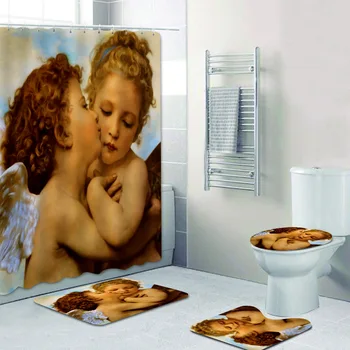 

Vintage Victorian First Kiss Angels Cupid Psyche Shower Curtain Art Painting Bathroom Curtain Set Bath Mat Rug Carpet Home Decor