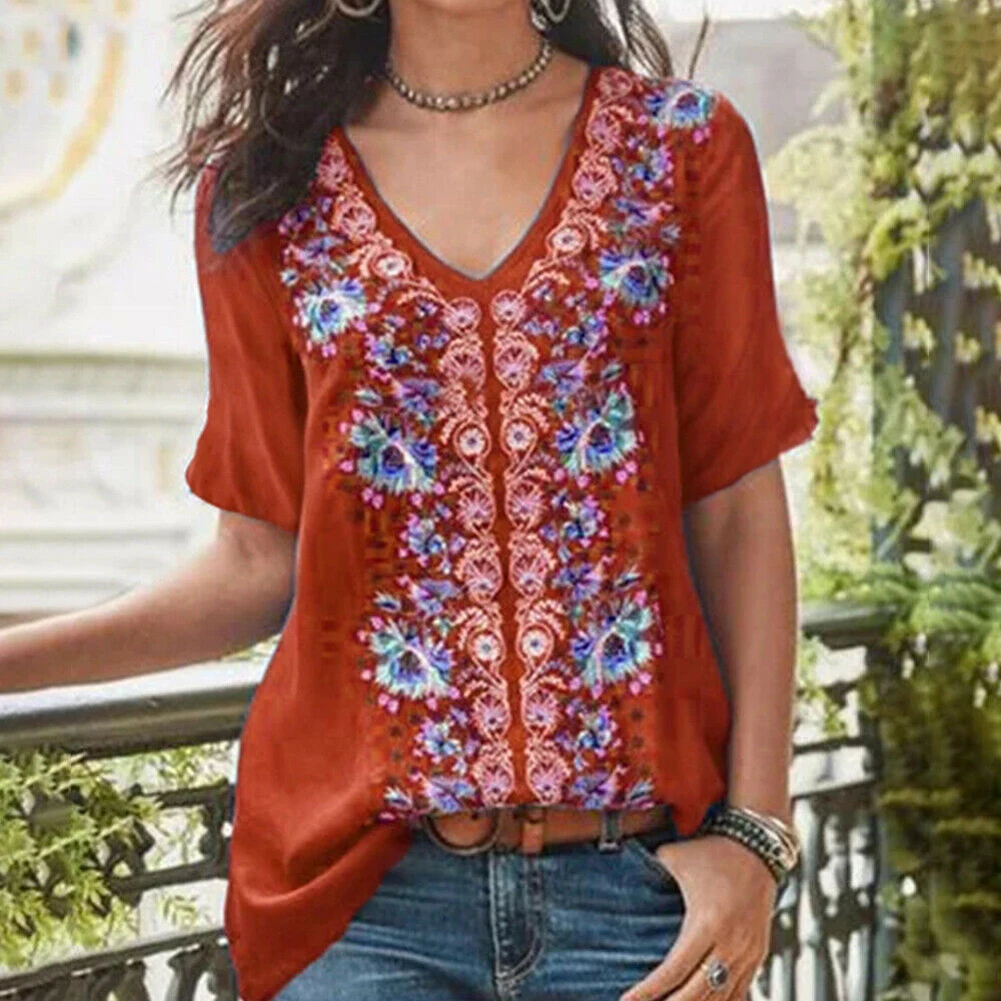Новые Boho женские винтажные блузки сексуальные V шеи цветочные свободные Облегающая рубашка Топ женские топы с коротким рукавом Блузки пуловер Плюс Размер