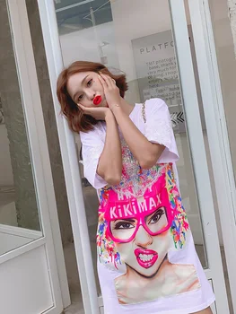 

Europe station 2019 summer new cartoon printed chic short-sleeved T-shirt women's long shirt missing shirt tide