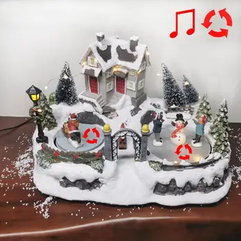

Holiday Time Christmas Village House Scene 2 Rolling Figurines with Led Light and Music Battery Operated and USB