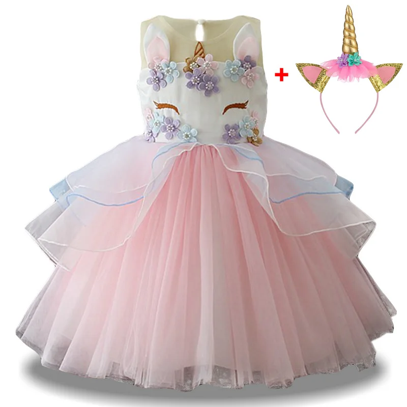Платье с единорогом, детские рождественские платья для девочек, костюм, детское платье принцессы для девочек, праздничное платье для 3, 4, 5, 6, 7, 8, 9, 10 лет - Цвет: Pink