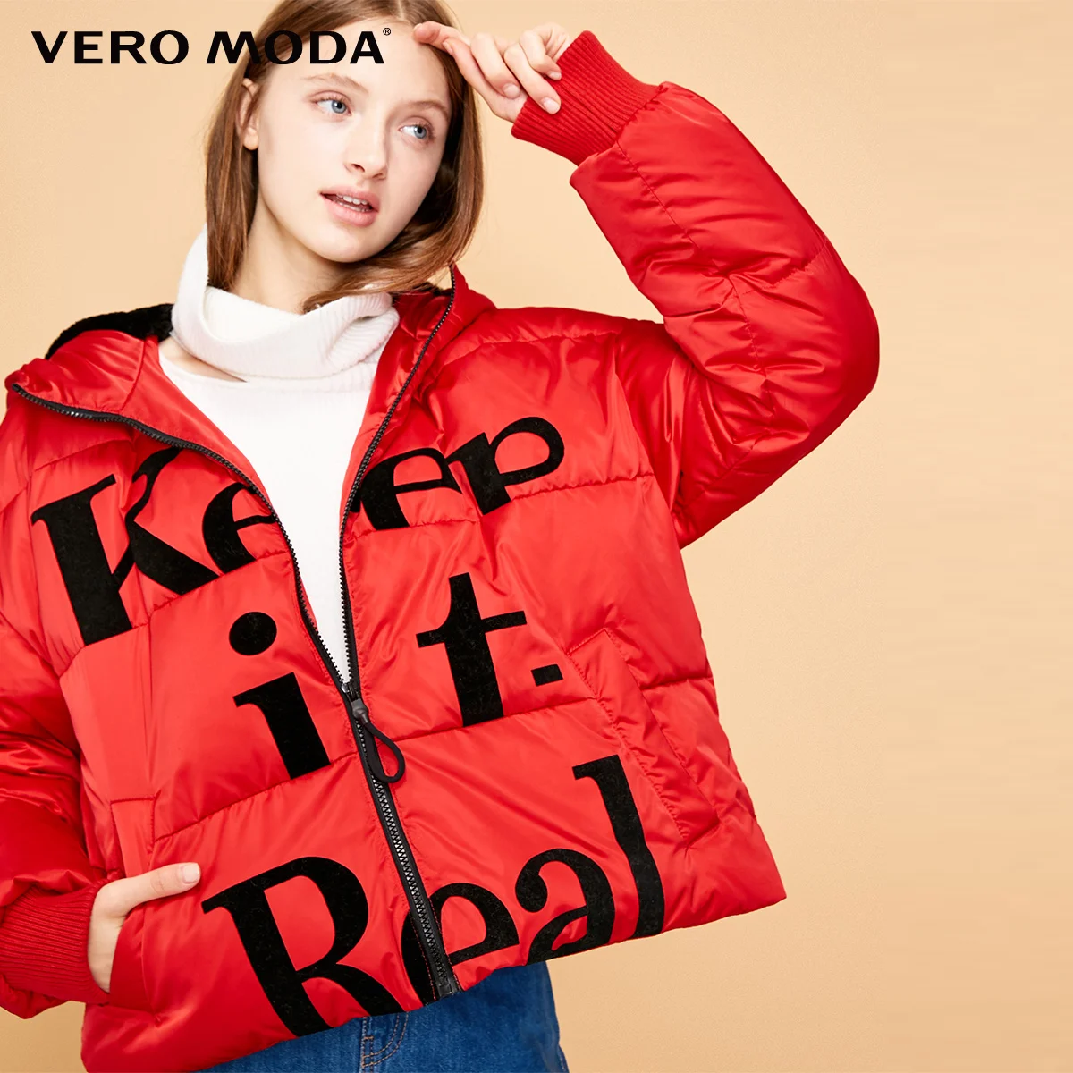 Red tomato Vero Moda женская с капюшоном Письмо падение плеча Короткая пуховая куртка пальто | 318423544 - Цвет: Red tomato