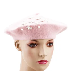 Pink Женский элегантный цветочный берет, женский зимний модный теплый шерстяной вязаный берет,, Зимние береты с бусинами и цветами, шапка - Цвет: Pink