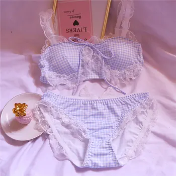 

Spring Summer Sweet Lolita Lace Bow Bandge Tube Top Bra & Panties Sets Anime Soft Girl Kawaii Plaid Milk Silk Sexy Lingerie set