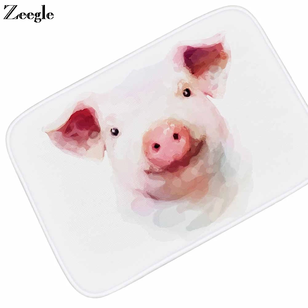 Zeegle Funny Door mat Floor Mat Absorbent Foot Mat Anti Slip Kitchen Carpet Hallway Floor Rug Flannel Soft Pig Printed Doormat