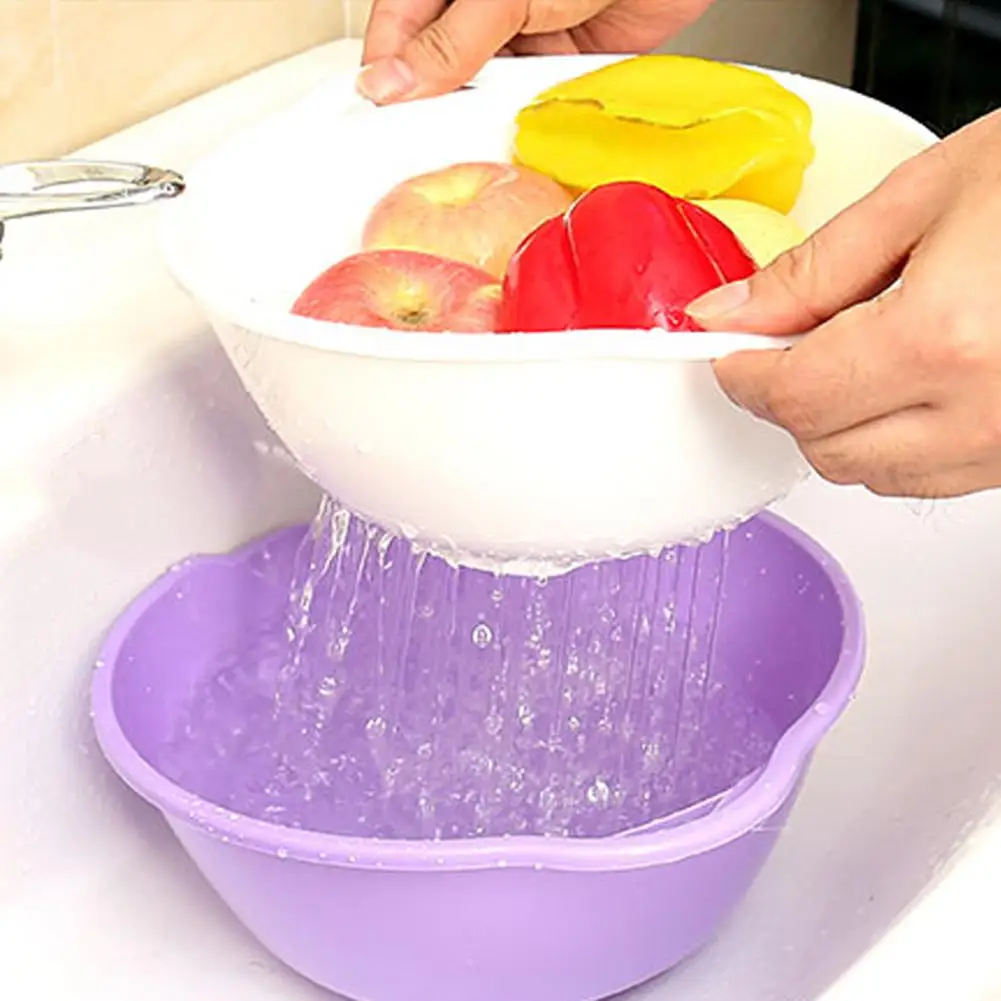 

PP Double Drain Basket Sieve Fruit Vegetable Pot Drain Colander Washing Strainer Drainer Kitchen Sifter Tool Accessories 3 Color