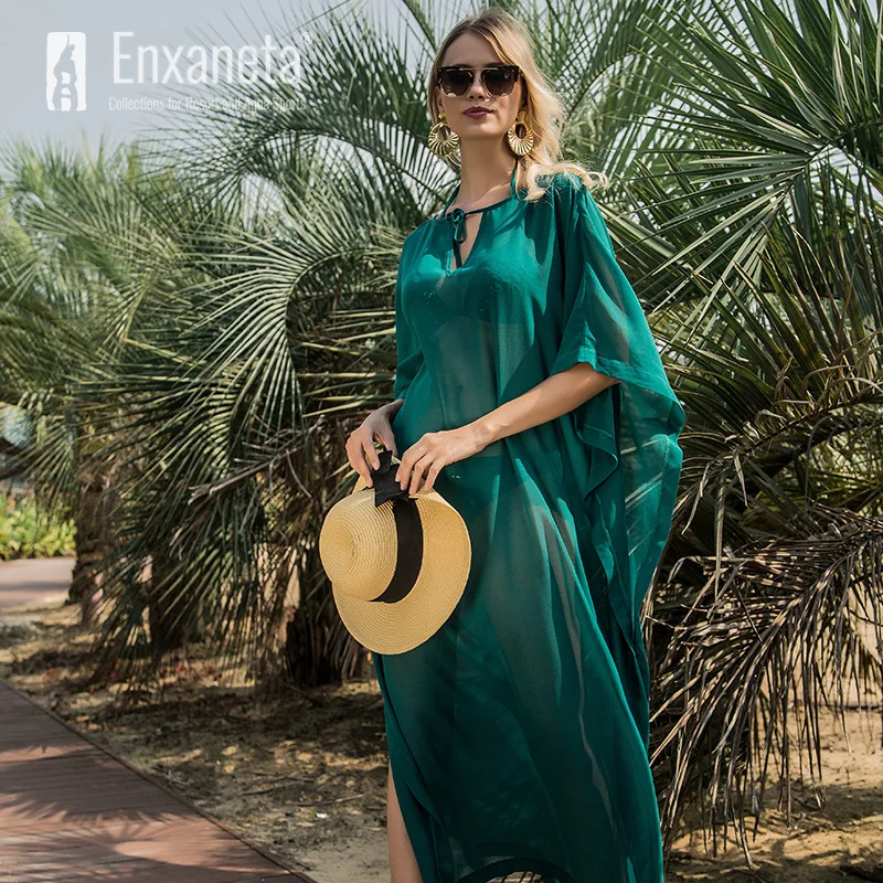 

ENXANETA Beach Dress Oversize Sarongs Sexy Cover-Ups Chiffon Bikini Swimwear Tunic Beachwear Bathing Suit Cover Ups Plus size