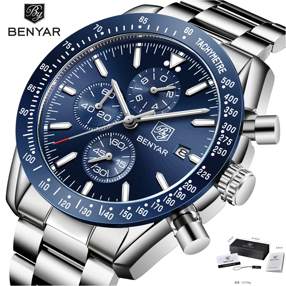 Часы Benyar Мужские кварцевые дизайнерские Роскошные водонепроницаемые брендовые