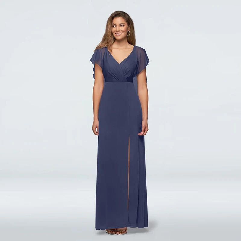 

Modern Affordable Navy Blue Chiffon Short Sleeves Mother of the Bride Dresses Sexy High Side Slit Wedding Party Dresses Back Out