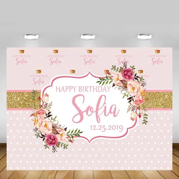 

Mehofond Pink Happy Birthday Backdrop Flower Polka Dots Girl Party Photography Background Decor Banner Photo Studio Props Custom