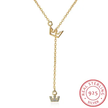 

Princess Crown CZ Pendant Charm Necklace 925 Sterling Silver Long Chain Necklace For Women Silver Gold Jewelry S-N560