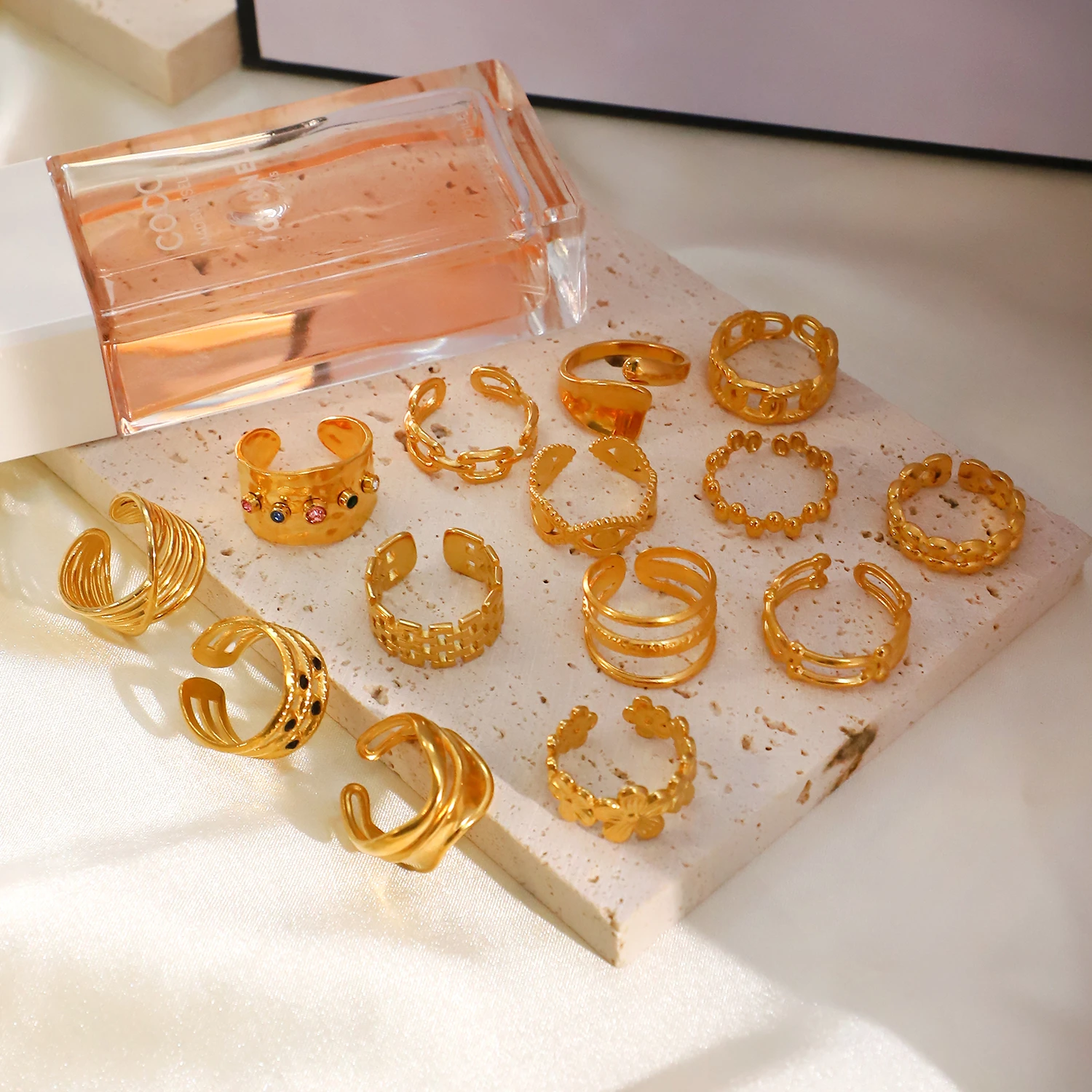 Conjunto de anillos de acero inoxidable para joyería barata, chapado en oro de 18k, cadena de eslabones geométricos trenzados, banda ancha, anillos ajustables|Anillos| -