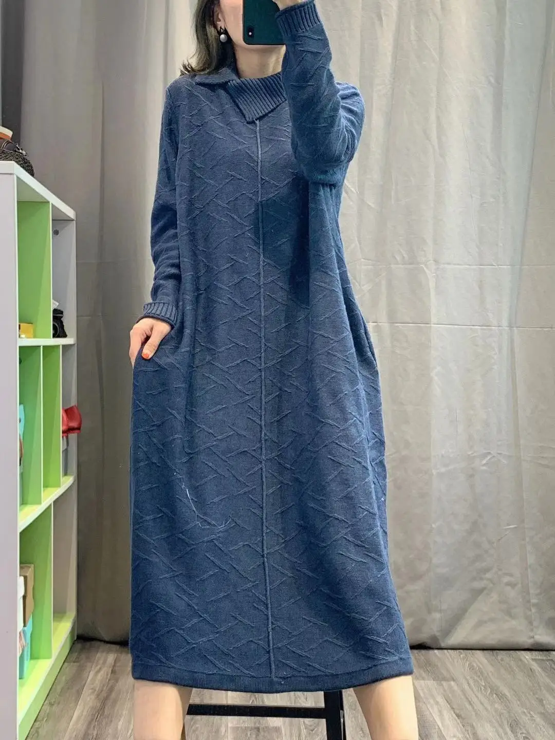 Новинка, зимний модный Женский вязаный свитер с отворотом, однотонное платье с длинным рукавом XA433
