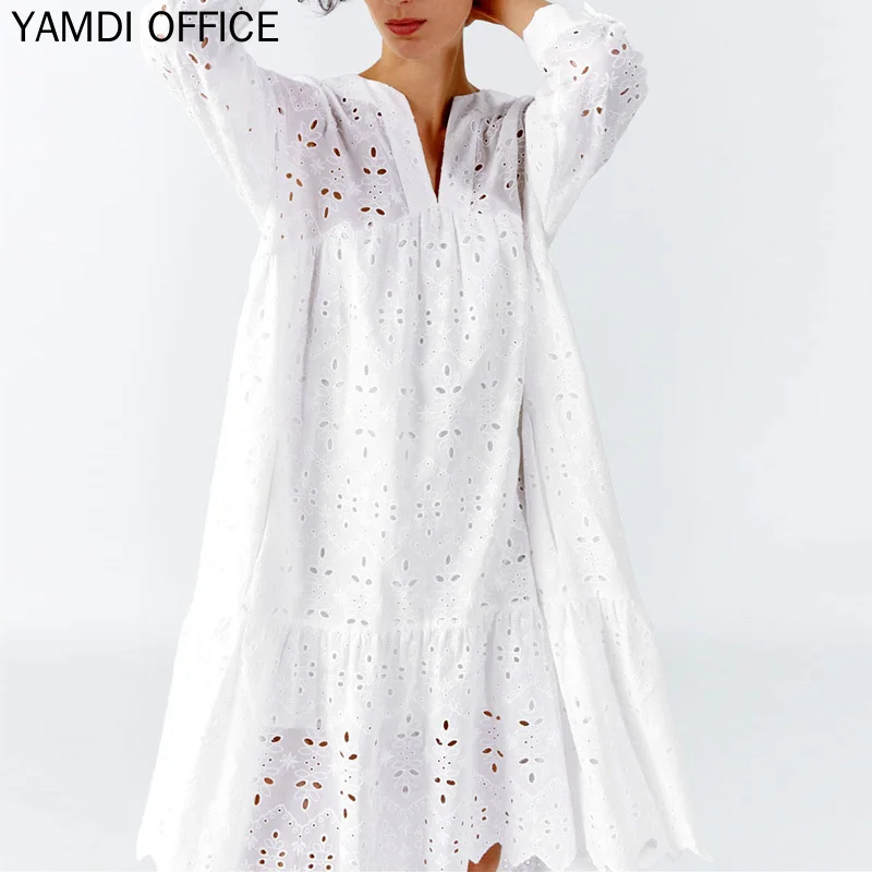 YAMDI 3/4 однотонное белое платье для женщин лето осень открытая Повседневная Туника хлопок А-силуэт дизайнерские платья Подиум женские миди
