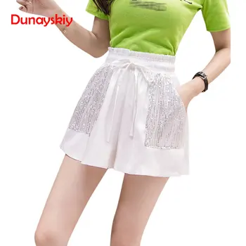 

Fashion Glitter Sequins Elastic Waist Loose Hot Shorts Female 3 colors S-XL 2019 Summer Women Shorts Korean Mid Waist