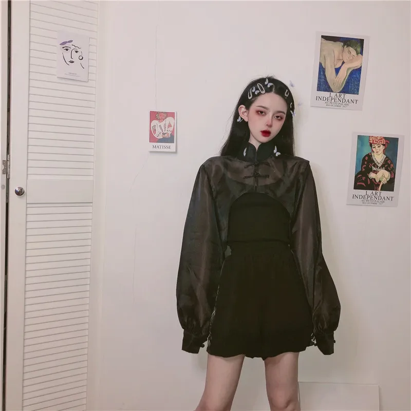 Lychee Harajuku сетчатая свободная транспортная женская рубашка прозрачная Пряжка женская блузка рубашка с длинным рукавом Женские блузки рубашки