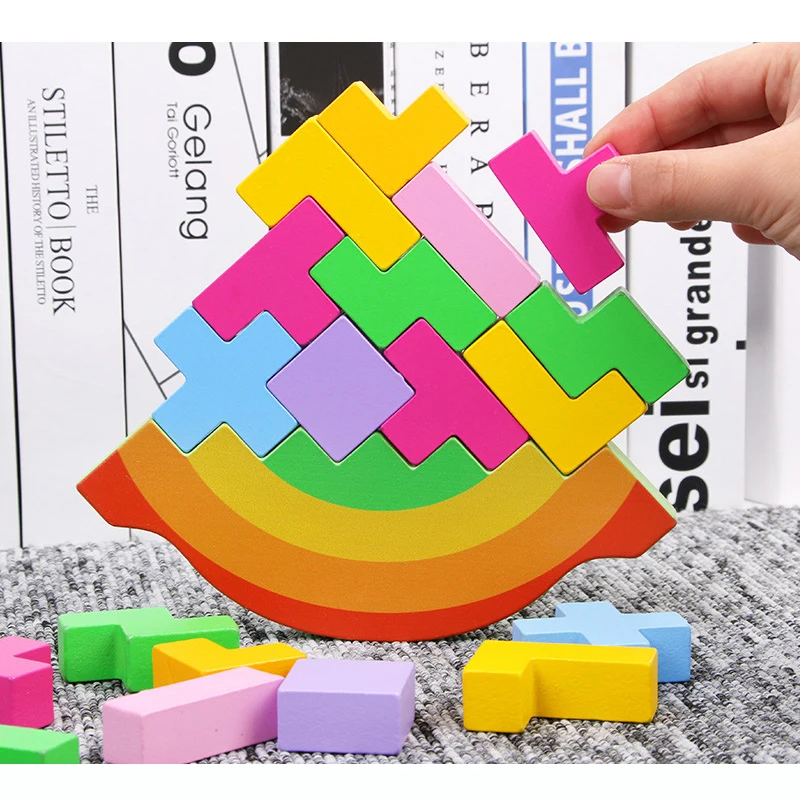 

2019 New Tetris Puzzle Wooden Toy Children Balance Toy Development Intelligence Rainbow Color stack high
