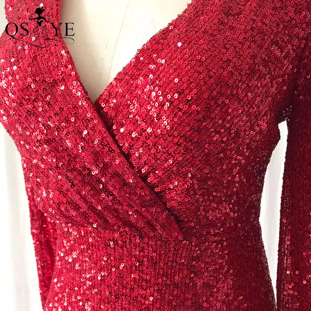 Long Sleeves Red Evening Dress Fitted Mermaid Sequin Evening Gown Glitter Sexy V Neck Party Dress Sparkle Ruched Formal Gown white prom dress