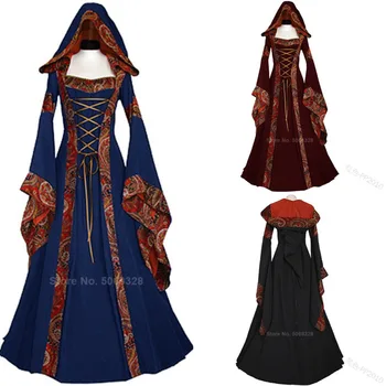 

Medieval Lace Dress For Women Halloween Cosplay Costume Renaissance Flare Sleeve Gown Middle Age Princess Female Disguise Hooded
