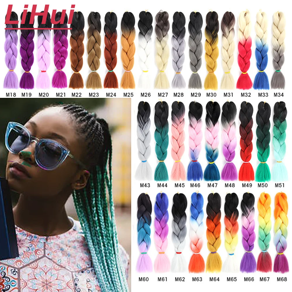 Synthetic hair Braids Ombre Box Braid Hair Extension Pink Purple Yellow Golden Colors Crochet brai LIHUI