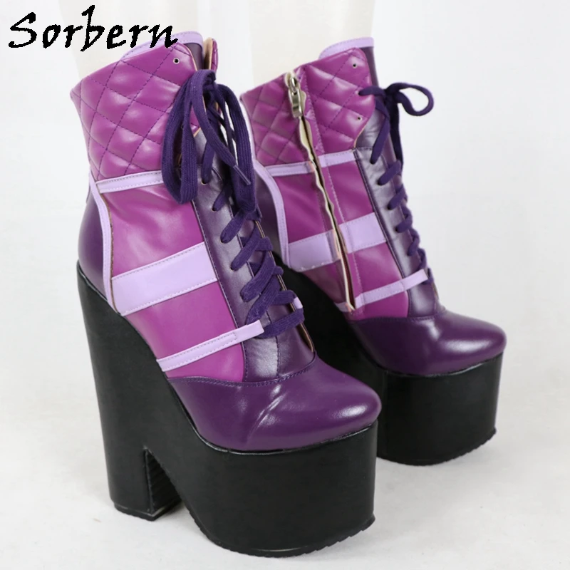 Sorbern Customized Ankle Boots Sneaker Block High Heel Thick Platform Rubber Sole Lace Up Purple Black Unisex Booties New