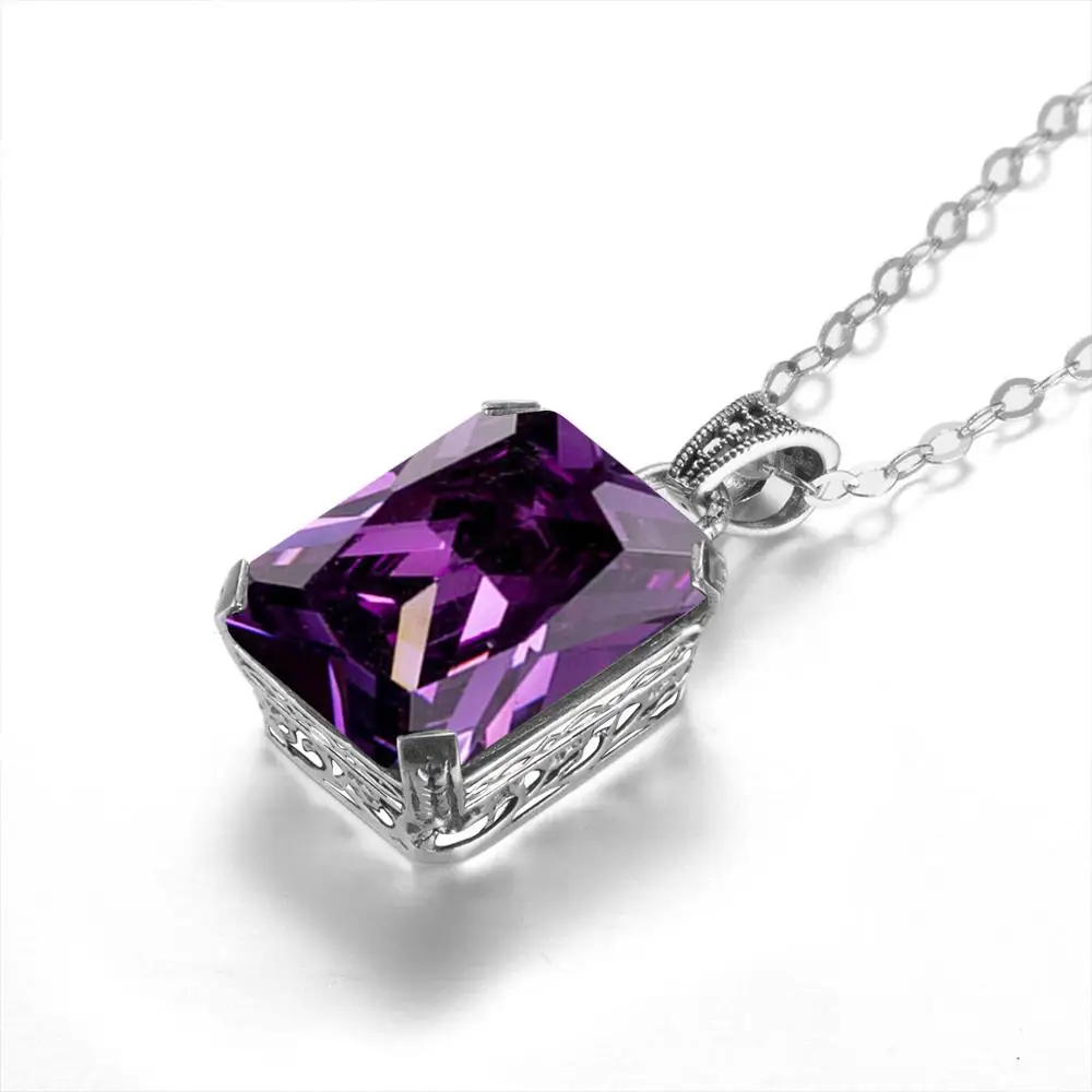 

925 Sterling Silver Pendant For women Rectangle Nature Amethyst Sterling Silver Pendant Delicate Luxury Party Fine Jewelry
