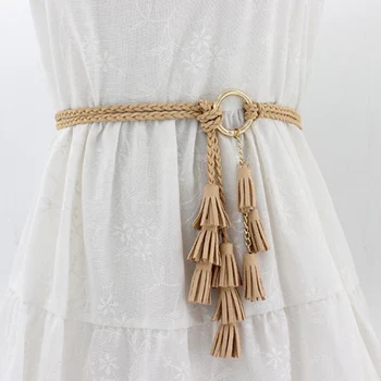 

Women fashion Braided Belt Tassel Ladies Girls Waistbands Thin Waist Rope Knit Belts Cummerbund For Dress