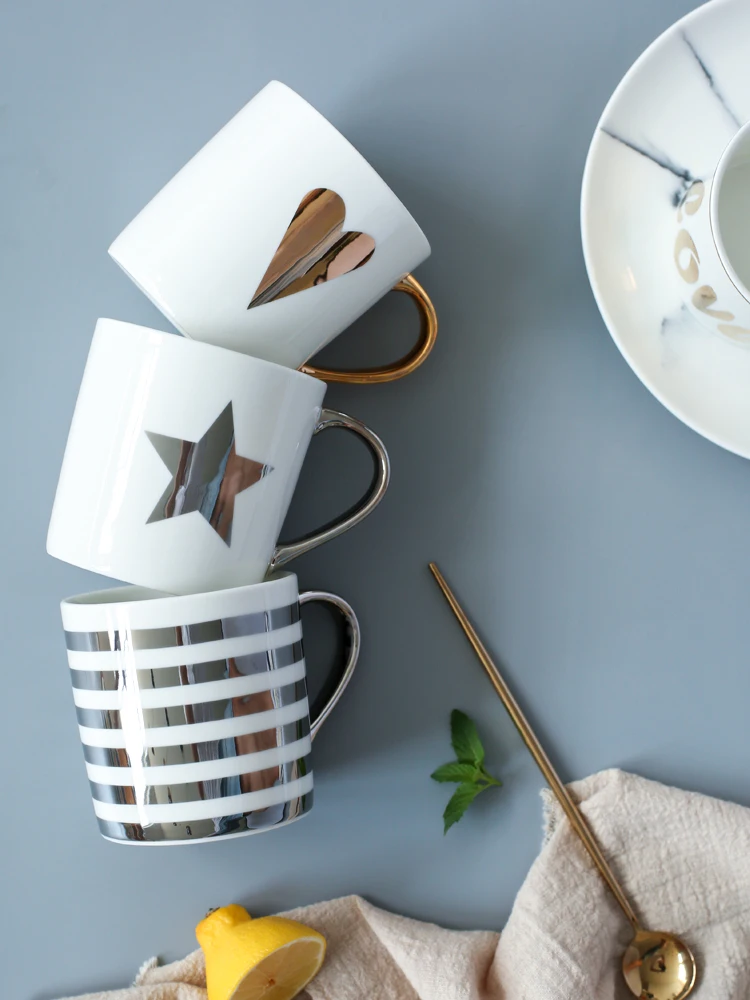 Light luxury gold couple ceramic coffee cup love stars stripes mug creative drinking coffee coffee cup novelty gift milk cup