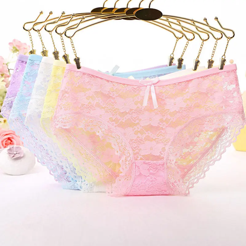 

Women Sexy Lace Panties Bow Underwear Solid Color Flower Mesh Ruffle Underpants Briefs