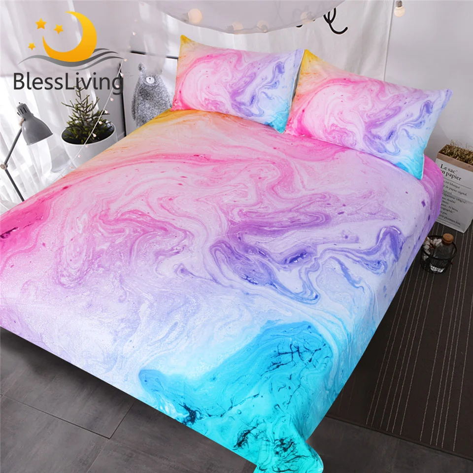 Online Blesliving colorido juego de cama de mármol Pastel rosa azul púrpura arena movediza funda nórdica Arte Abstracto juego de cama brillante colcha para niña