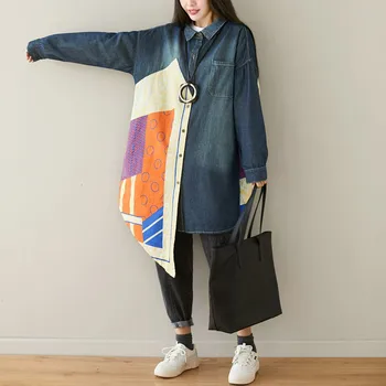 

Women Oversized Denim Trench irregular Patchwork cowboy shirt Hip hop Streetwear Long cardigan Plus Size Baggy jean Outerwear