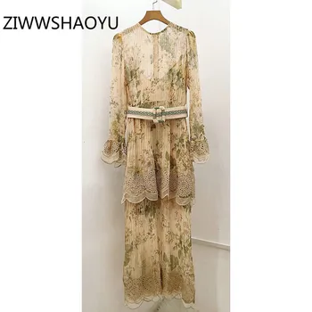 

ZIWWSHAOYU Fashion Women Autumn Runway High-End Party Silk Long Dress Elegant Embroidery Flower Print Pleated Dresses