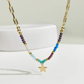 Peri'sBox Cute Multicolor Acrylic Bead Five-Pointed Star Pendant Necklace For Women Trendy Mixed Chain Necklaces