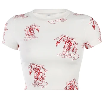 

White Chinese Character Dragon Printed T Shirt Women Casual O-Neck Short Sleeve Short Tee Streetwear F12