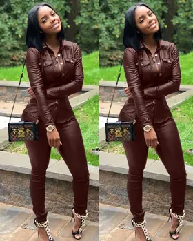 

Casual Women Set Tracksuit Long Sleeve Short Sweat Slim Tops and Straight Pants Autumn Two Piece Sets leather Outfits Plus Size