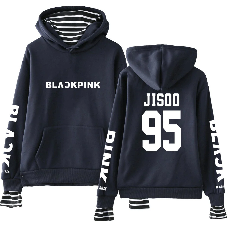 navy 95 JISOO kpop Harajuku черно-розовые повседневные свободные поддельные два предмета толстовки с длинным рукавом корейский стиль толстовки высокое качество Sudadera - Цвет: navy 95 JISOO