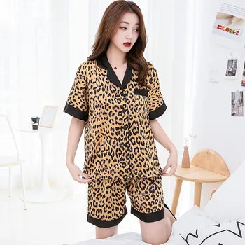 

2 Pcs Leopard Women Pajamas Sets Short Sleeve Sleepwear Female Turn-Down Collar Pyjama Nightwear Casual Homewear Top+Pant Pijama