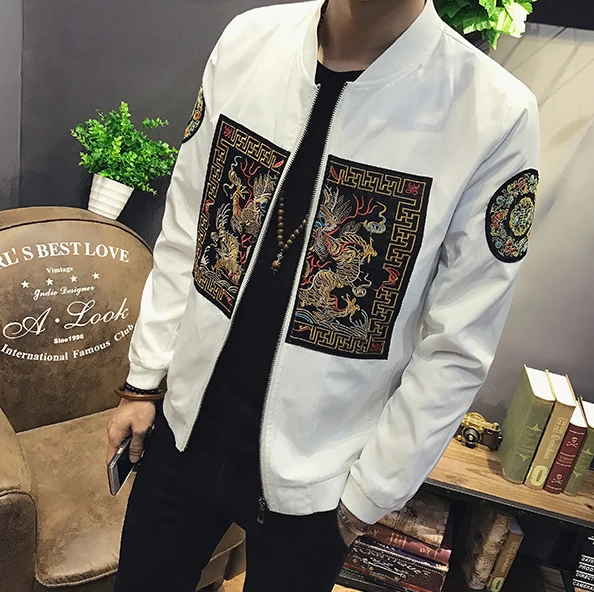 Традиционная мужская куртка-бомбер с вышивкой дракона в китайском стиле, этнический тотем в стиле хип-хоп, Повседневная модная куртка-пилот на молнии