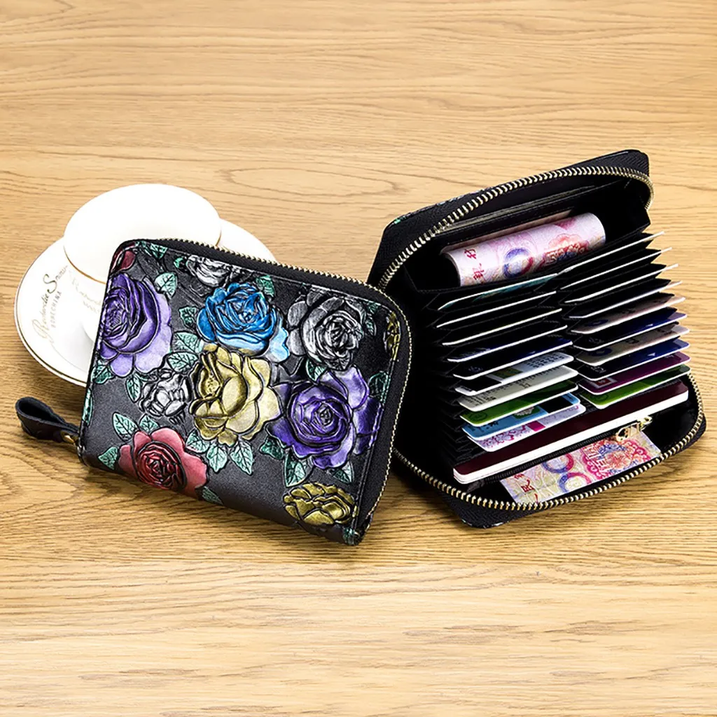 

Women Clutch Bag Leather Wallet Zipper Coin Purse RFID Card Holder Flower Handbags Multifunctional Men 's Wallet Cartera Mujer