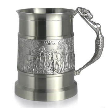 

Oriental Pewter - Pewter Beer Mug - Pure Tin 97% Lead-Free Pewter BJ12L Hand Carved Beautiful Embossed Handmade in Thailand